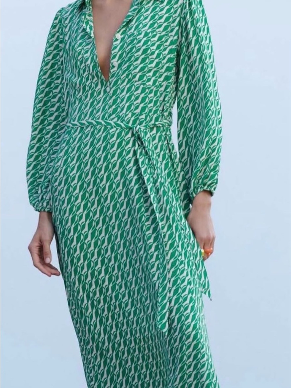 Zara Green Printed Long Sleeve Wrap Dress